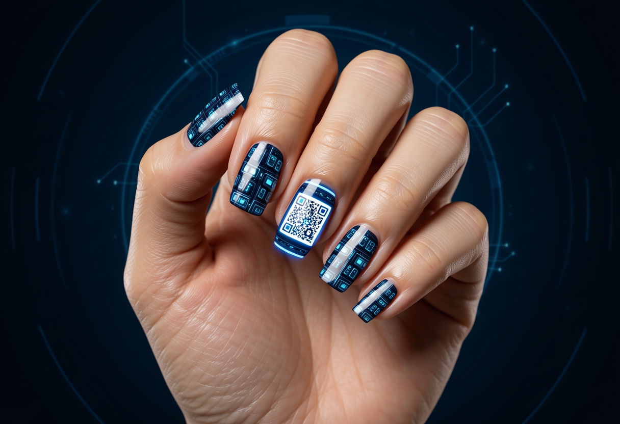 Hand with nails featuring QR code nail art and tiny digital screen patterns