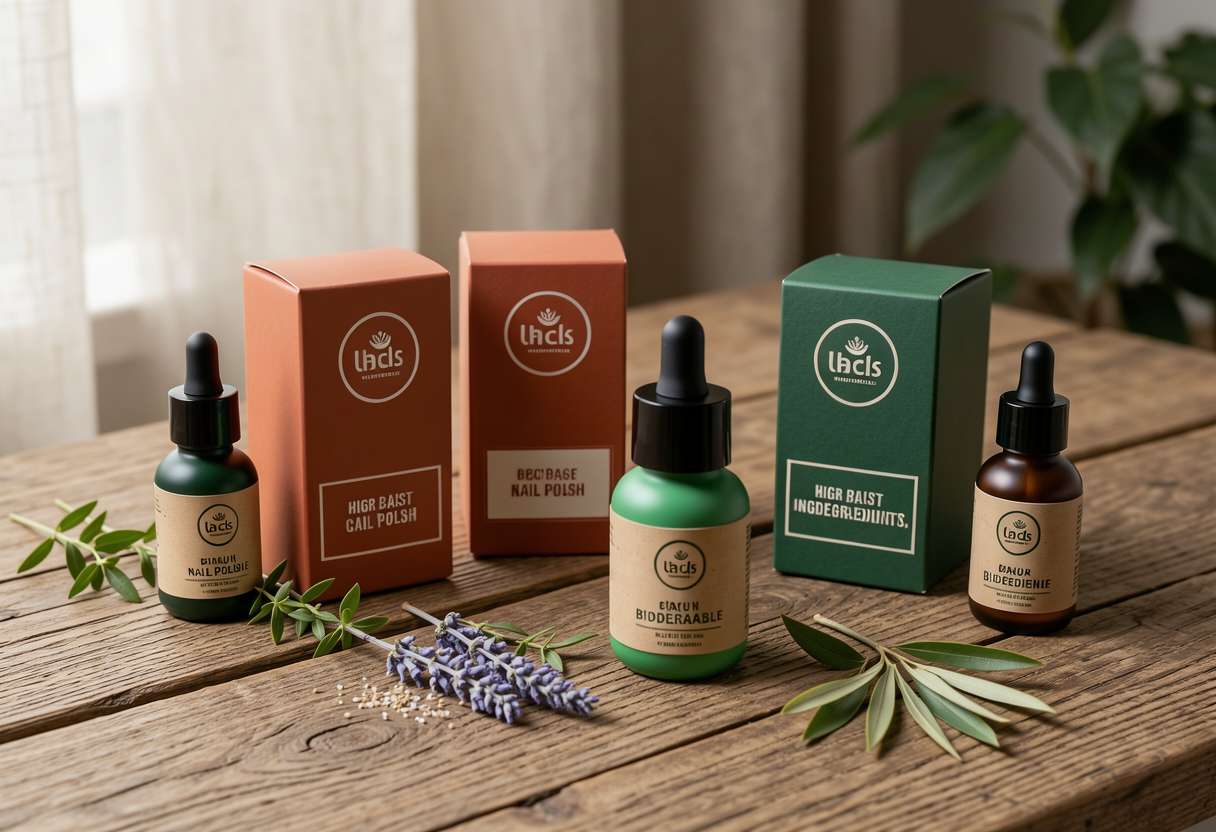 Eco-friendly biodegradable nail polish bottles with plant-based ingredients in earthy tones