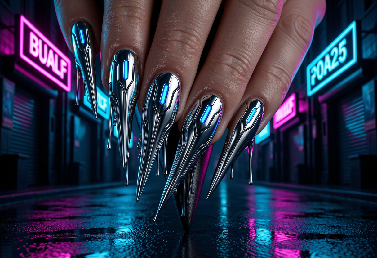 Futuristic nail art featuring metallic chrome liquid metal drips over matte black