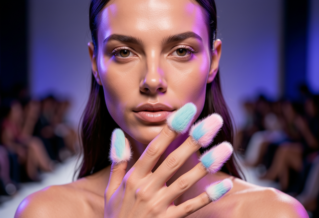 Avant-garde furry nails trend with soft pastel faux fur textures