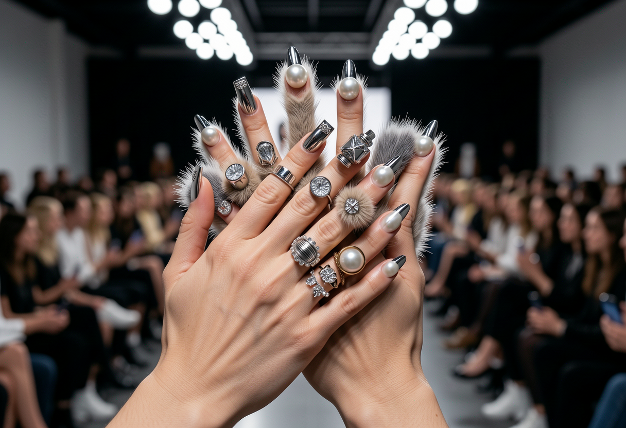 Fashion show backstage photograph of model hands with experimental 2025 nail art