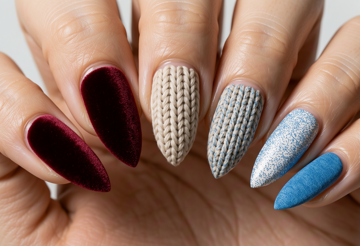 Multiple nails showing different 3D textures: velvet sweater knit and flocking powder