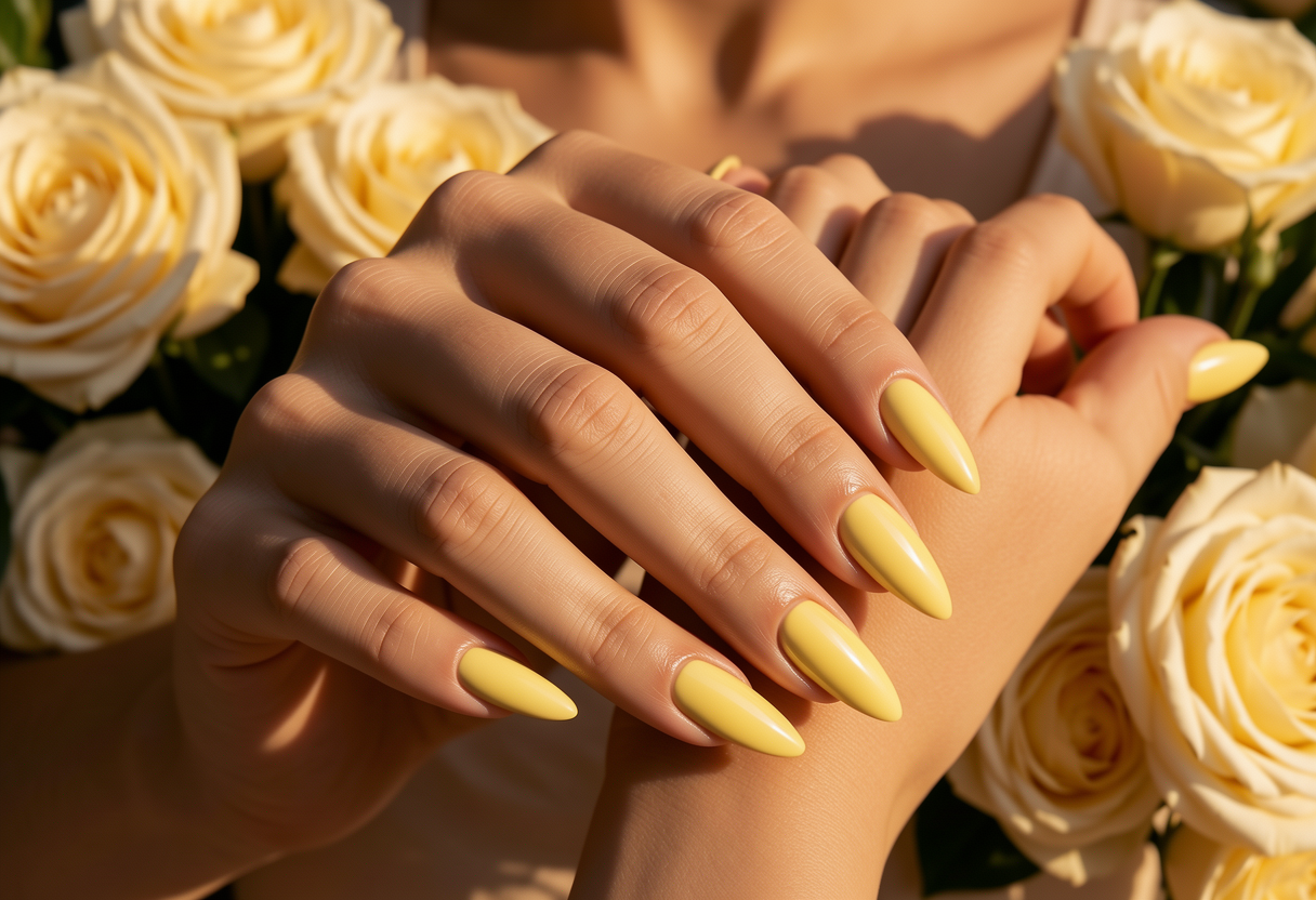 Elegant butter yellow nail polish manicure on almond shaped nails with warm golden hour lighting