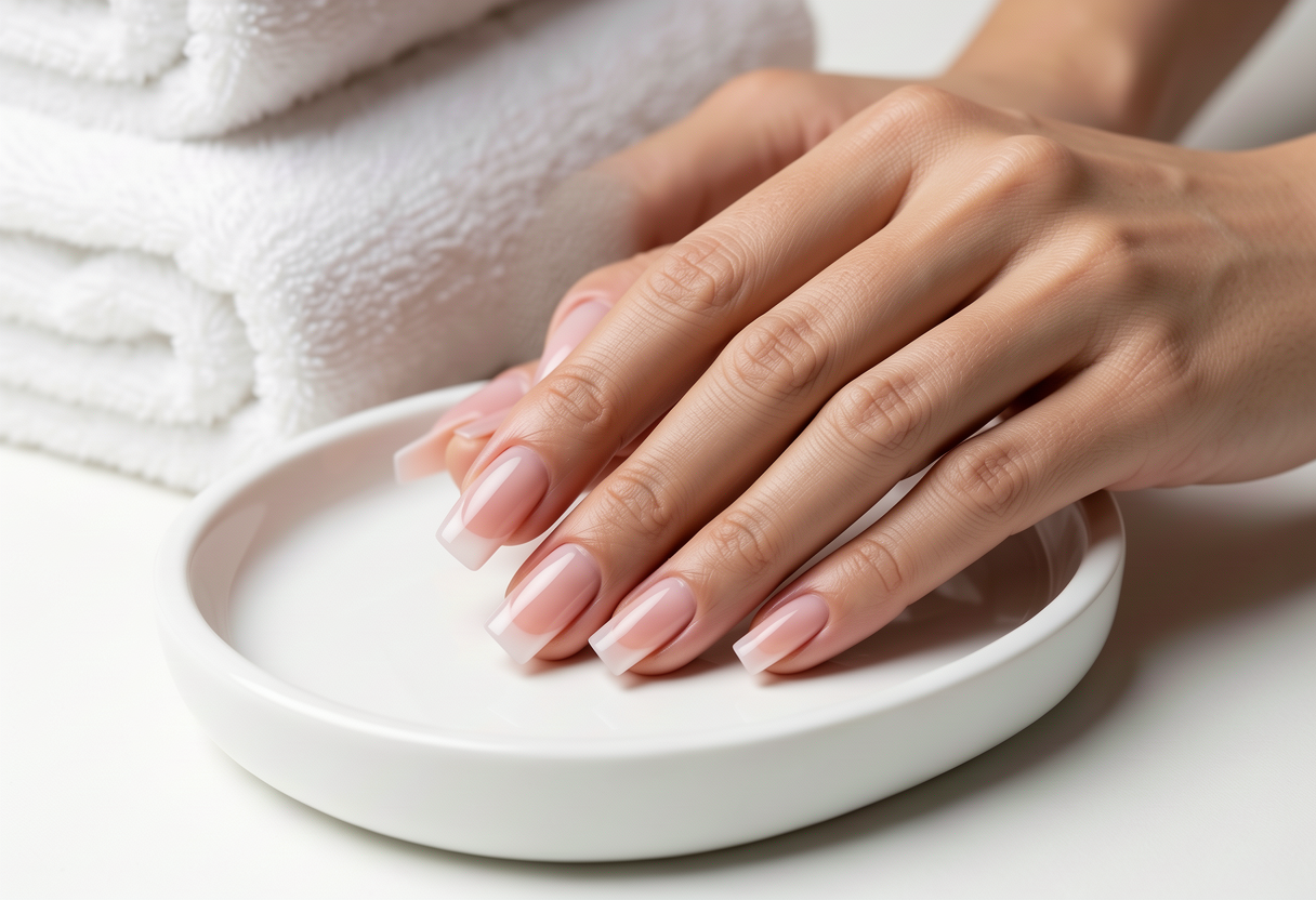 Soap nails manicure with ultra-clean sheer milky pink finish on short square nails
