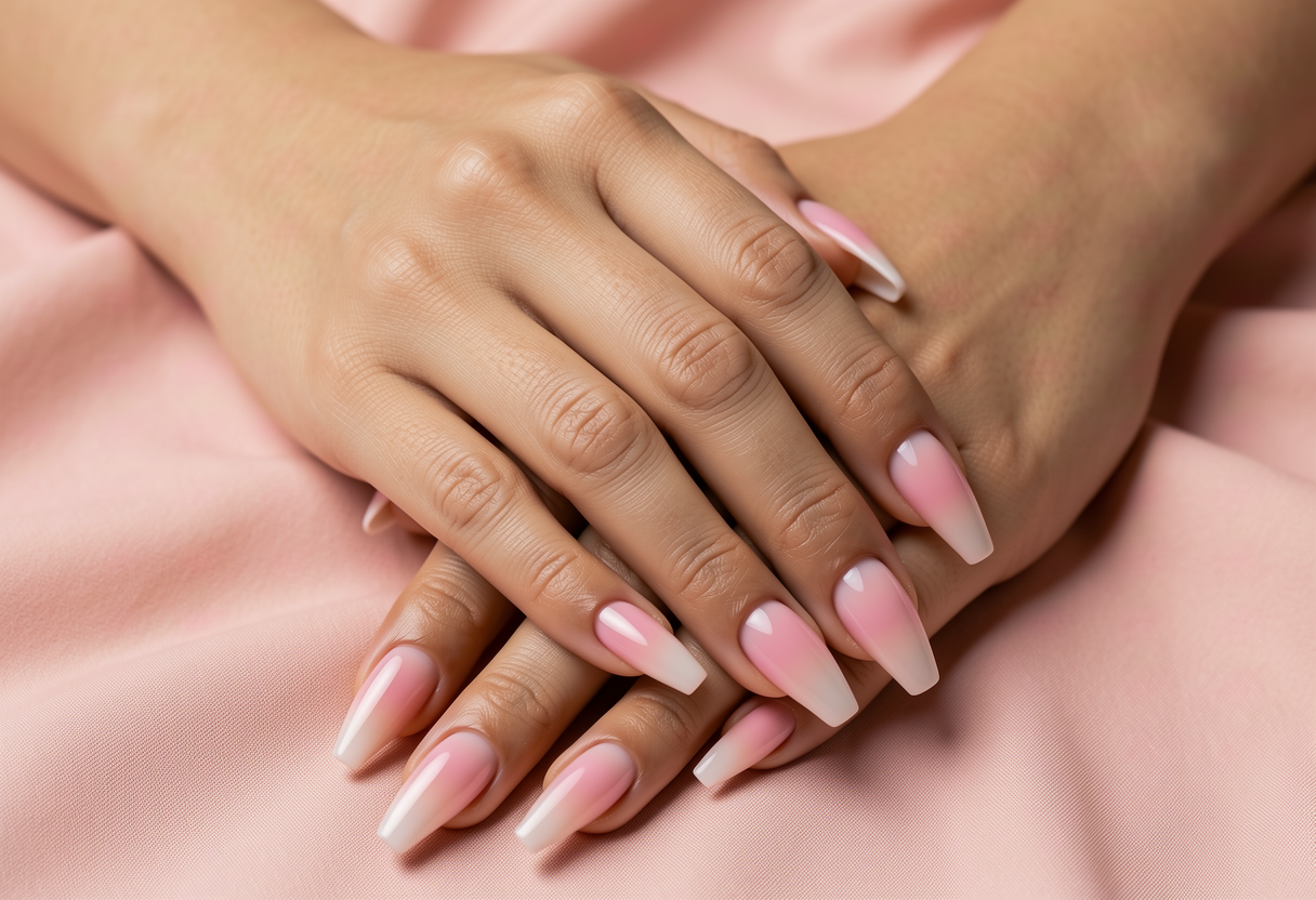 Luxury press-on nails in soft pink ombre design on coffin shaped nails