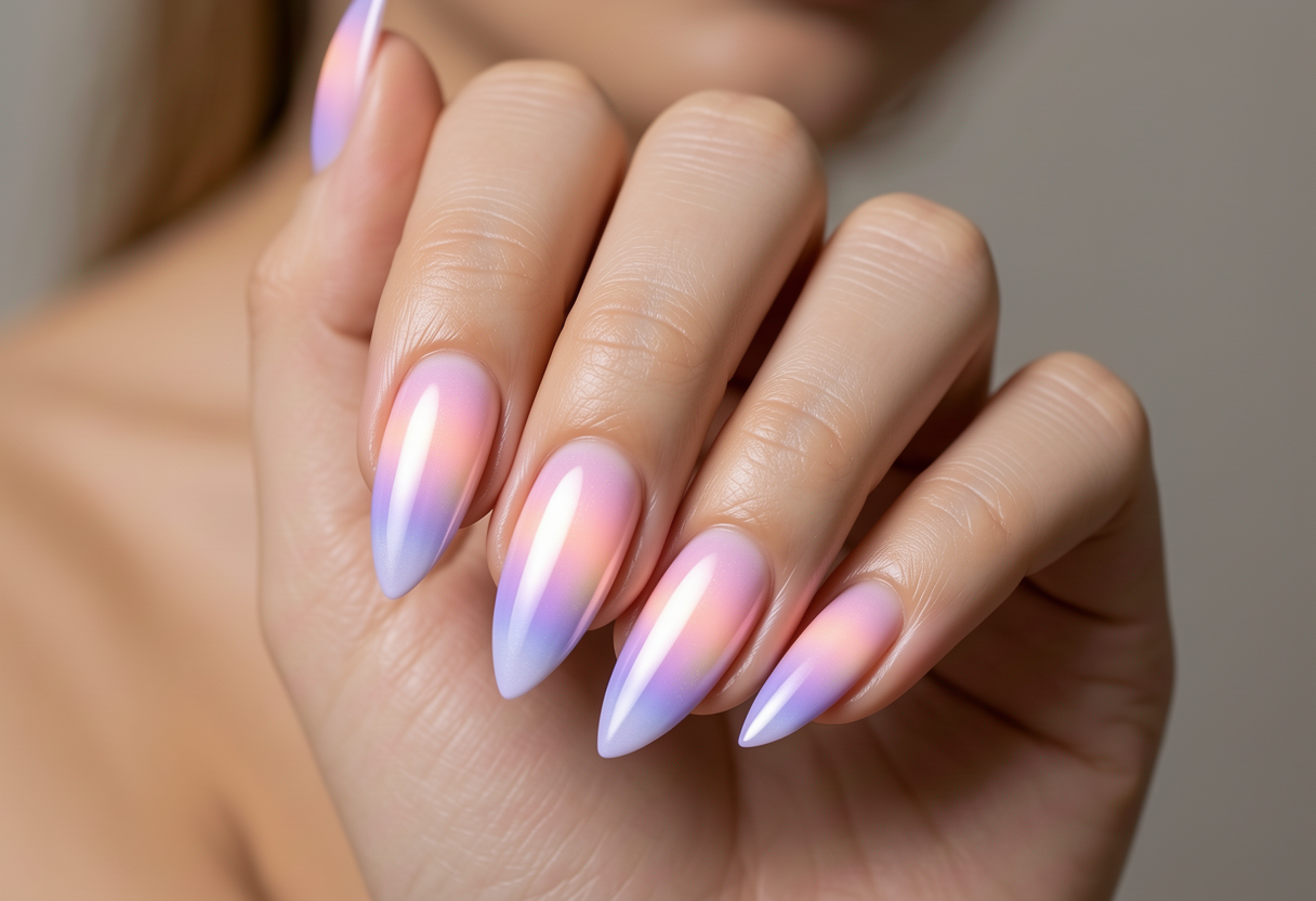 Aura nails manicure with ethereal gradient glow from pink to lavender on almond nails