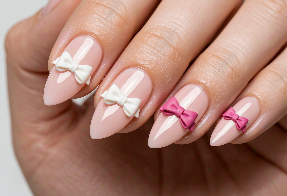 Macro photograph of 3D bow nail art charms in white and pink on pastel pink gel polish