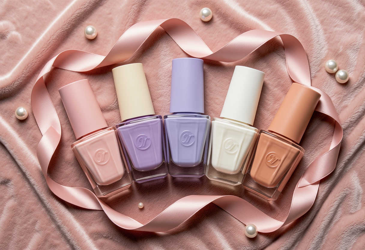 Coquette nail color palette with baby pink lavender cream white and blush rose polish bottles with satin ribbons