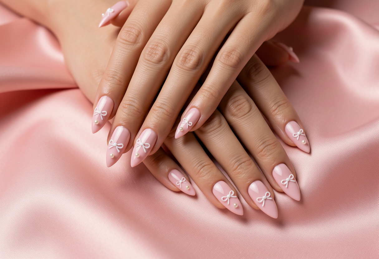 Feminine coquette nails in baby pink with white bow accents and pearl embellishments