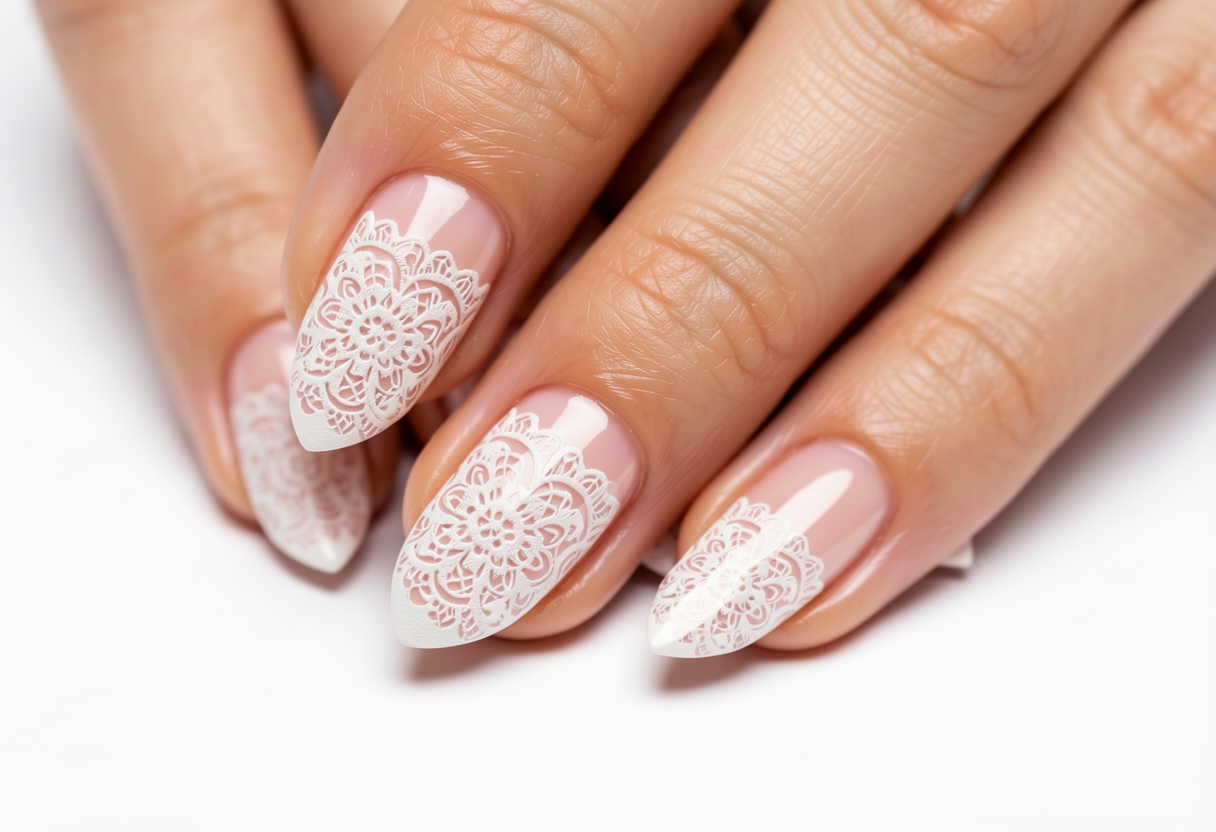 Coquette nail art with delicate white lace pattern over sheer baby pink polish on short oval nails