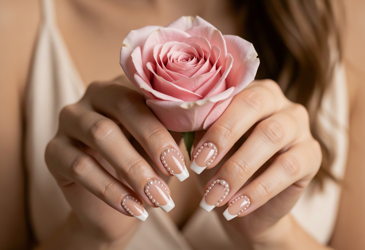 Coquette nails with pearl accents and French tip design with micro pearls along cuticle line