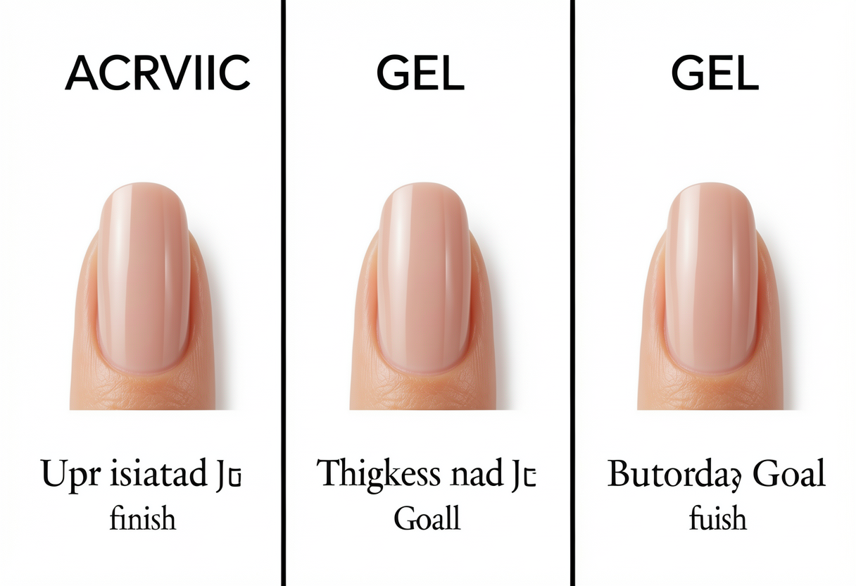 Educational comparison of acrylic vs gel vs builder gel showing thickness and finish differences