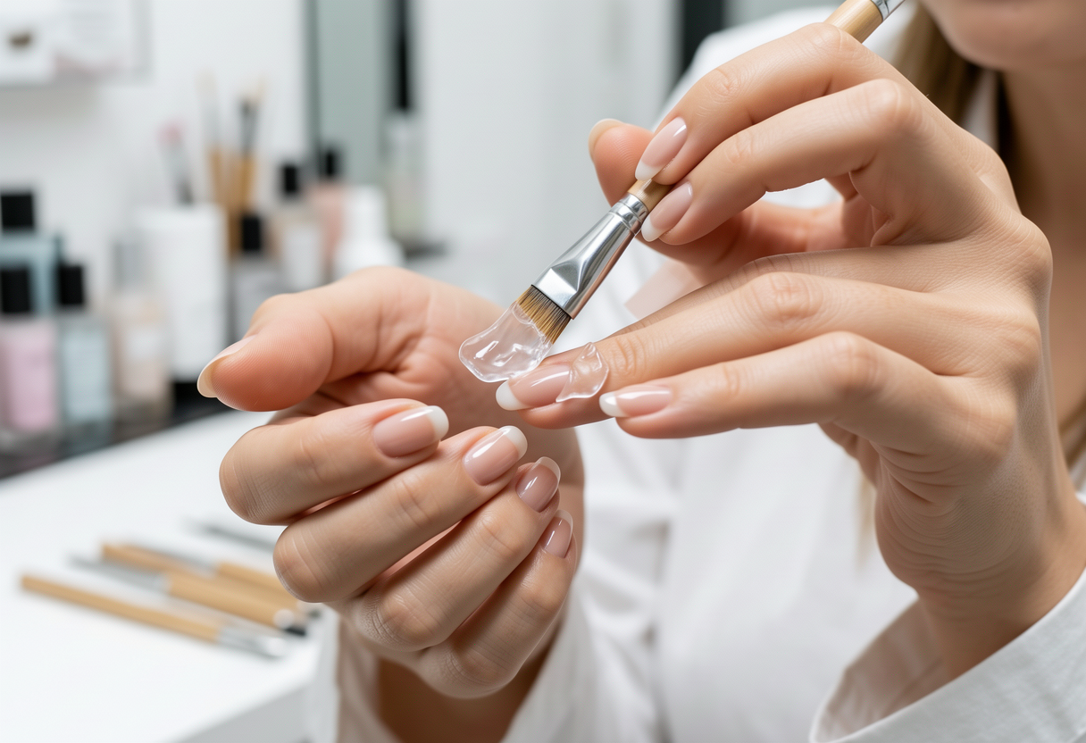 Nail technician applying clear builder gel to strengthen natural nails