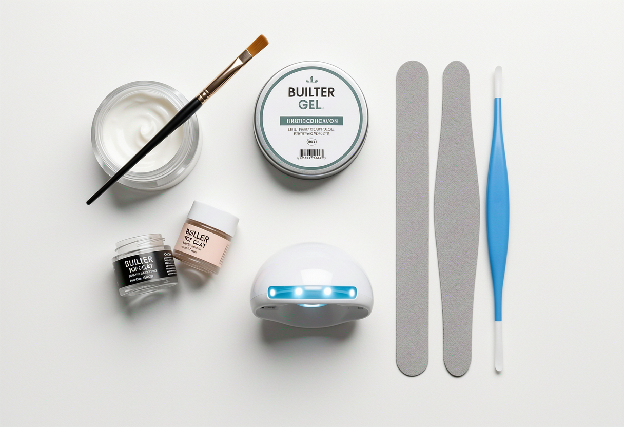 Builder gel products flat lay with gel pot brush LED lamp nail file and cuticle pusher