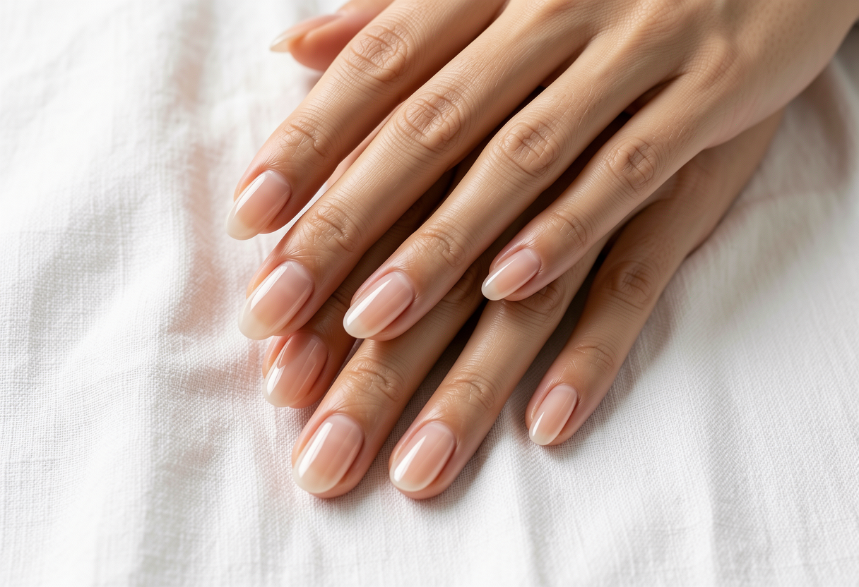 Healthy natural nails with clear builder gel overlay showing natural nail through transparent gel