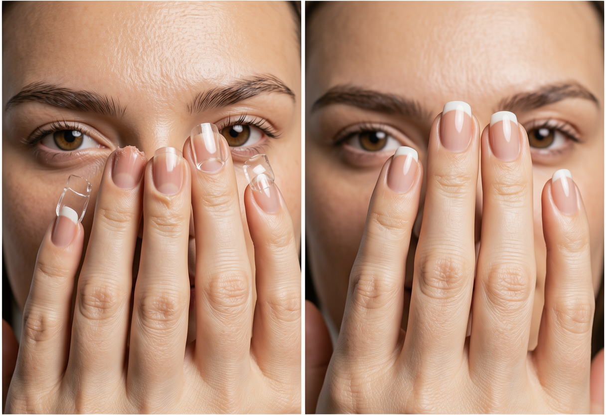 Before and after of natural nails strengthened with clear builder gel overlay