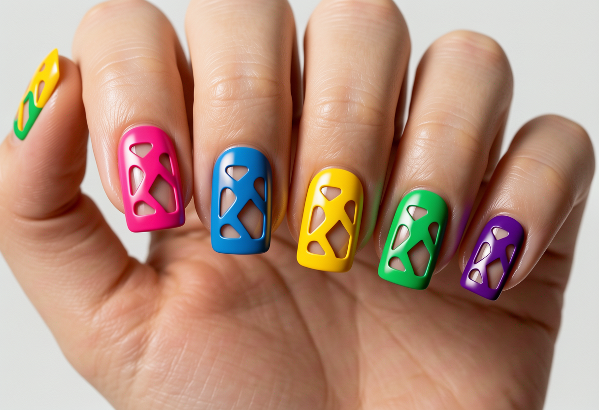 Colorful negative space nails with different vibrant colors and geometric cutouts on short square nails