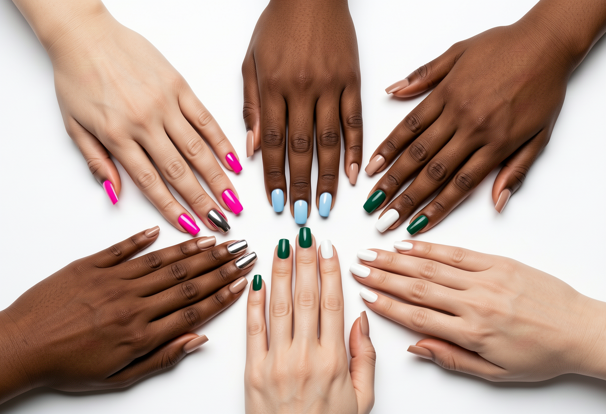 Multiple hands with different colored micro-french tips: neon pink silver chrome emerald green