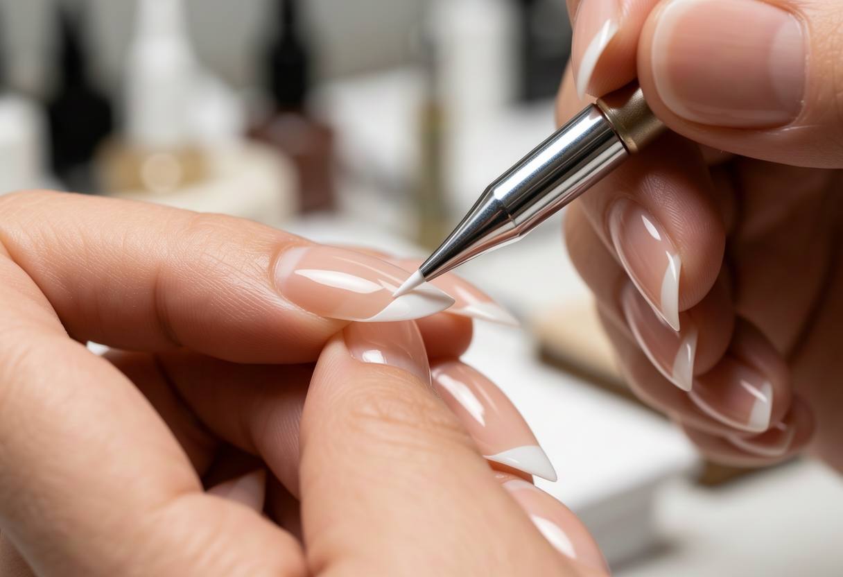 Close-up of nail artist using a fine detail brush to paint a super thin white micro-french tip