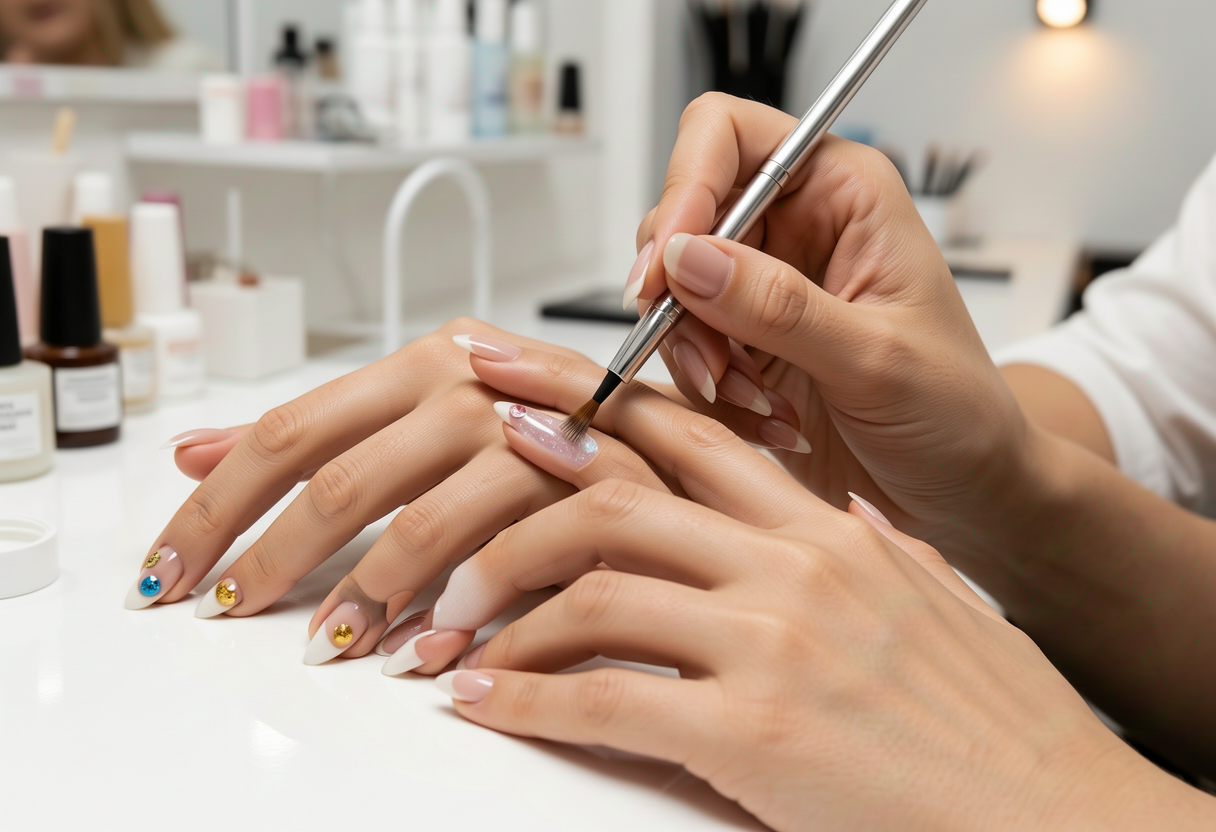 Nail technician applying magnetic gel polish to almond shaped nails in salon
