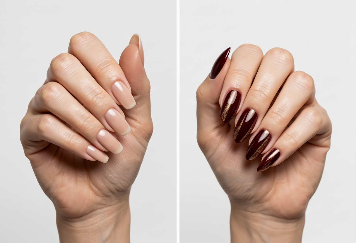 Before and after cat eye nail transformation showing bare nails and finished wine red manicure