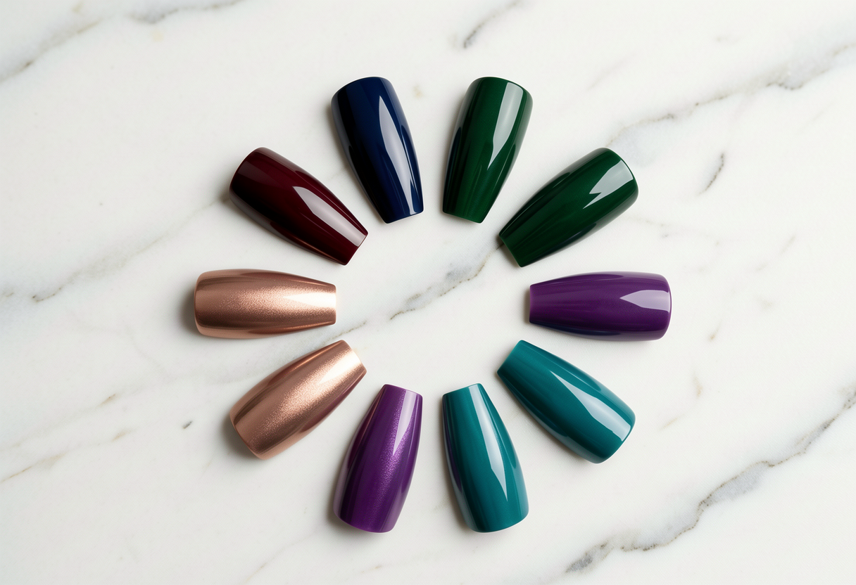 Six different cat eye gel nail polish colors including burgundy blue green rose gold purple and teal