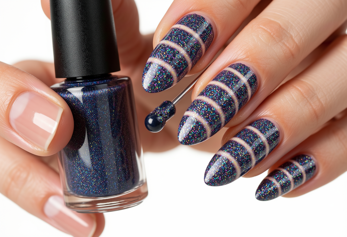 Applying magnetic nail polish with magnet wand to create cat eye effect on nails