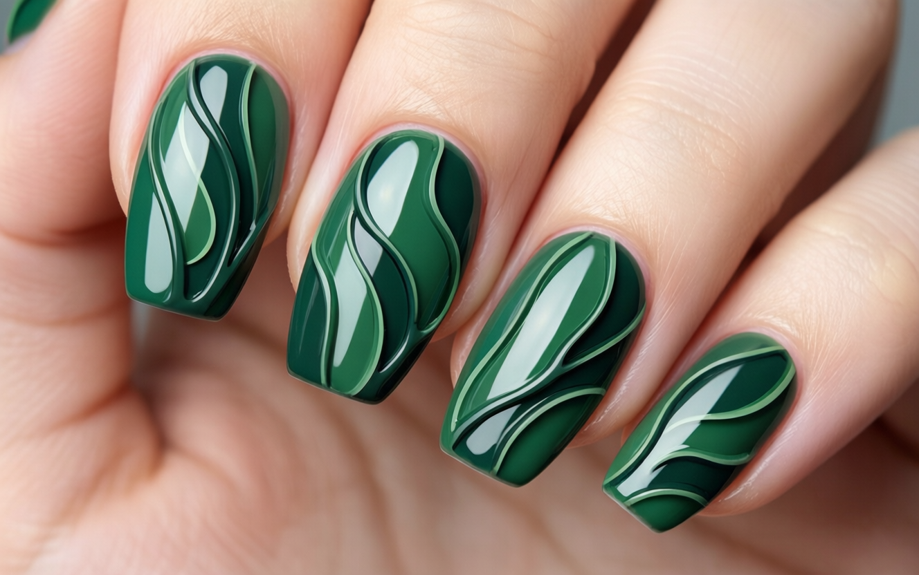 Abstract negative space nail art with organic curved cutout shapes in forest green revealing natural nail