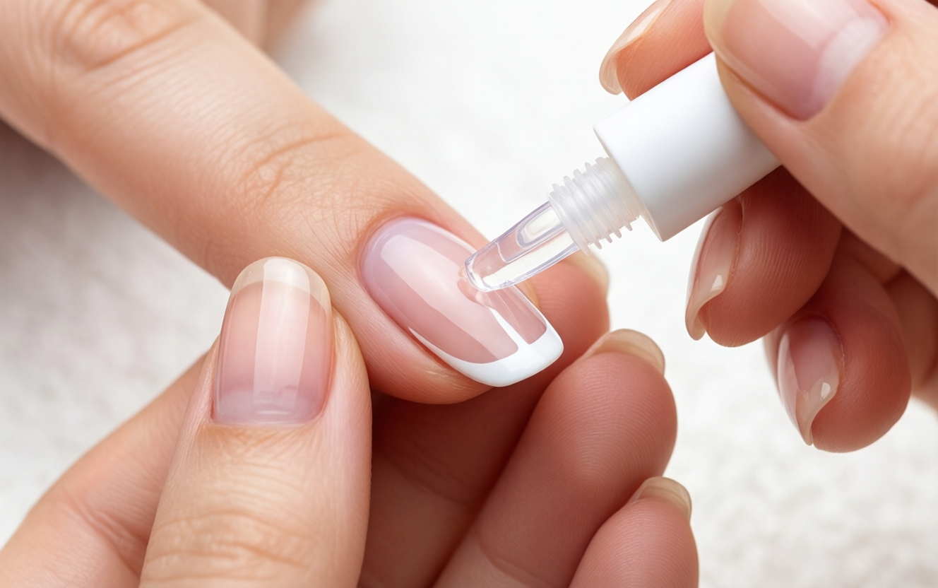 Close-up showing hands applying a press-on nail using adhesive tab