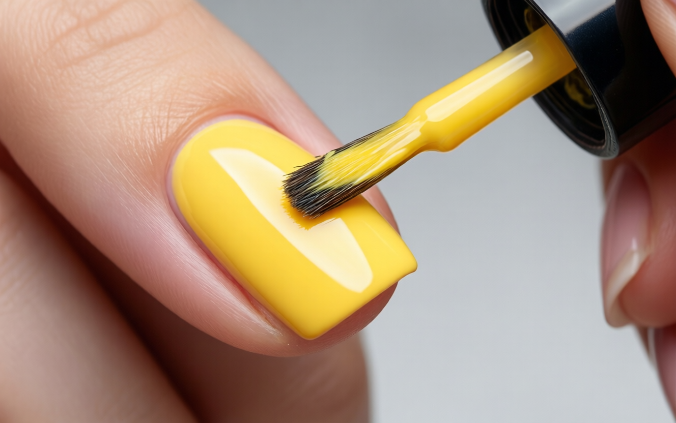 Nail technician carefully painting butter yellow gel polish onto natural nails in salon studio