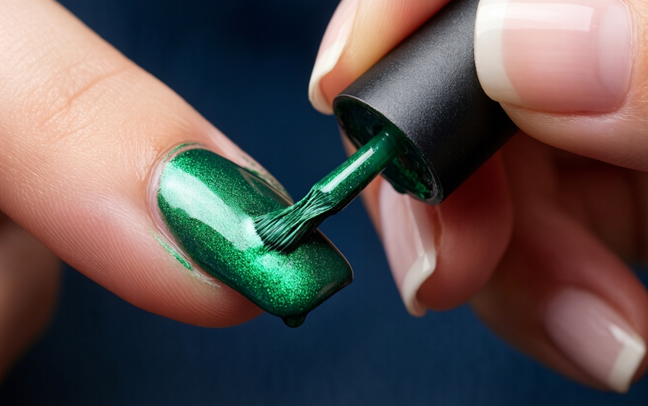Nail technician applying magnetic gel polish to almond shaped nails in salon