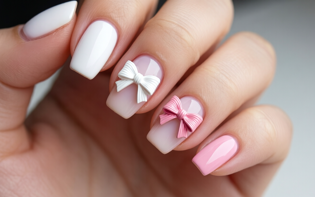 Macro photograph of 3D bow nail art charms in white and pink on pastel pink gel polish
