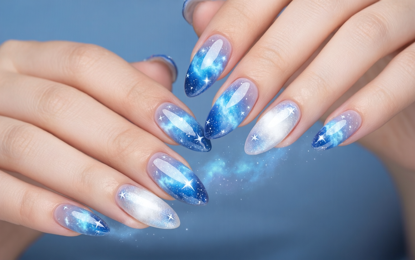 Hands with celestial aura nails in soft blue to white gradient with holographic star accents