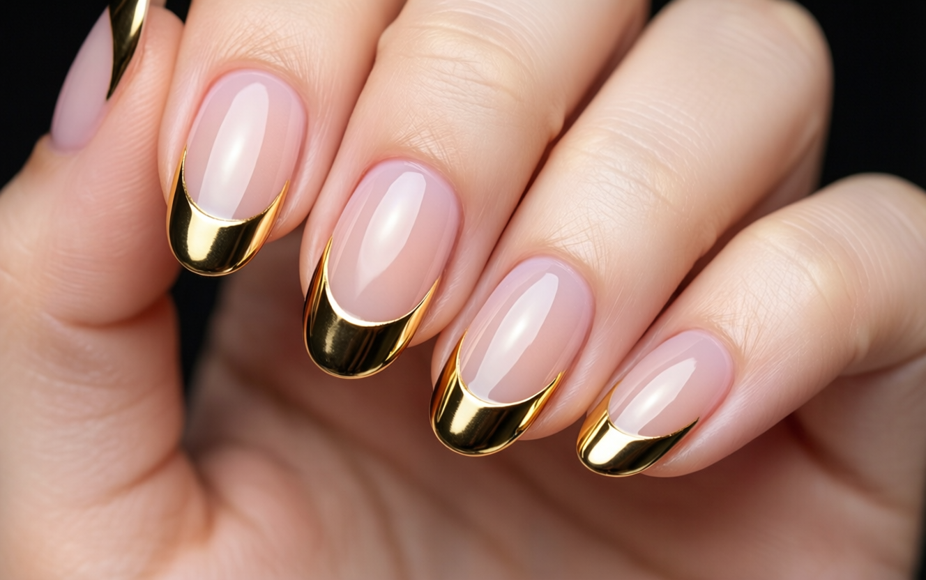 Micro-french nails with metallic gold chrome tips on sheer peach base almond shape