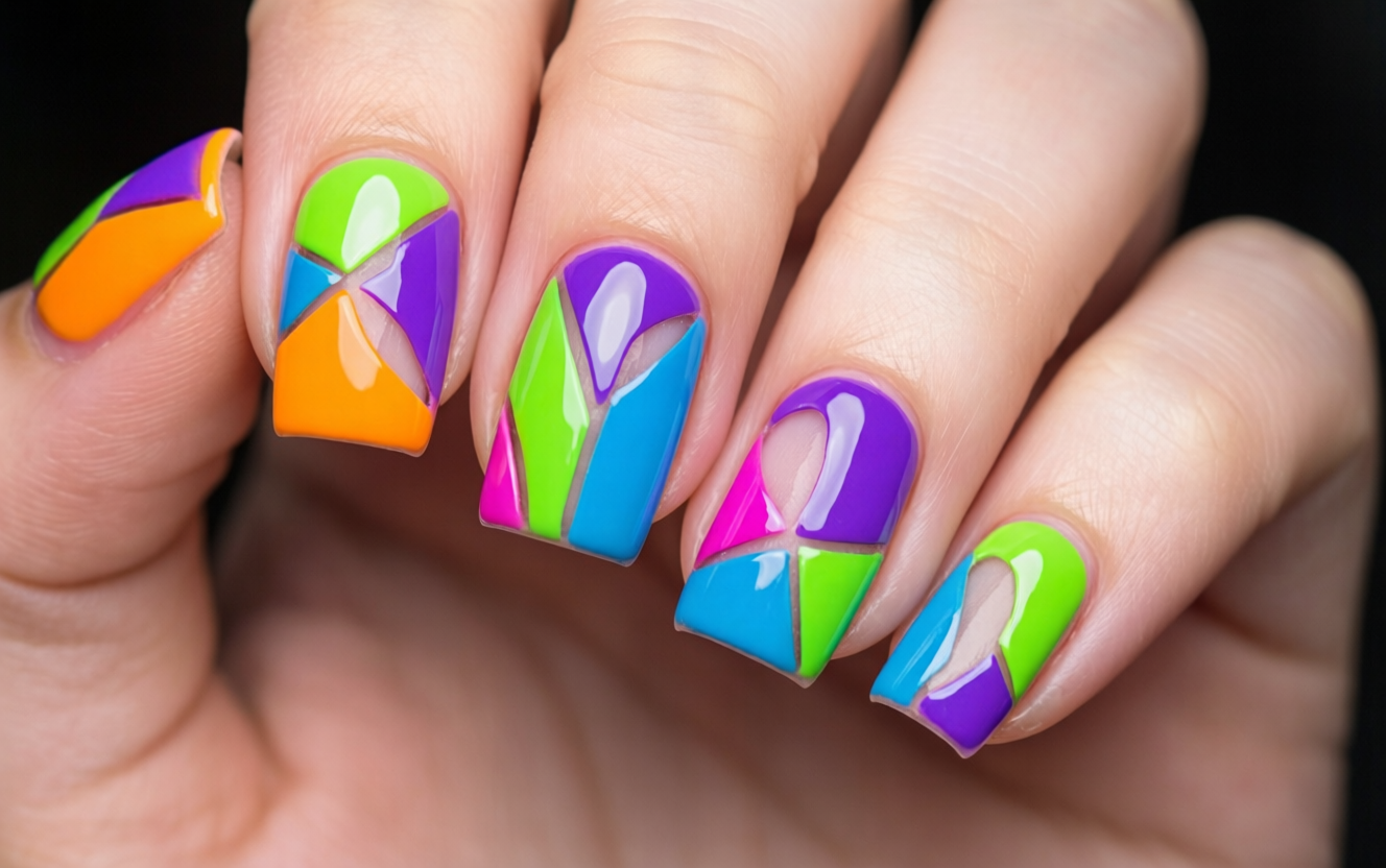 Colorful negative space nails with different vibrant colors and geometric cutouts on short square nails