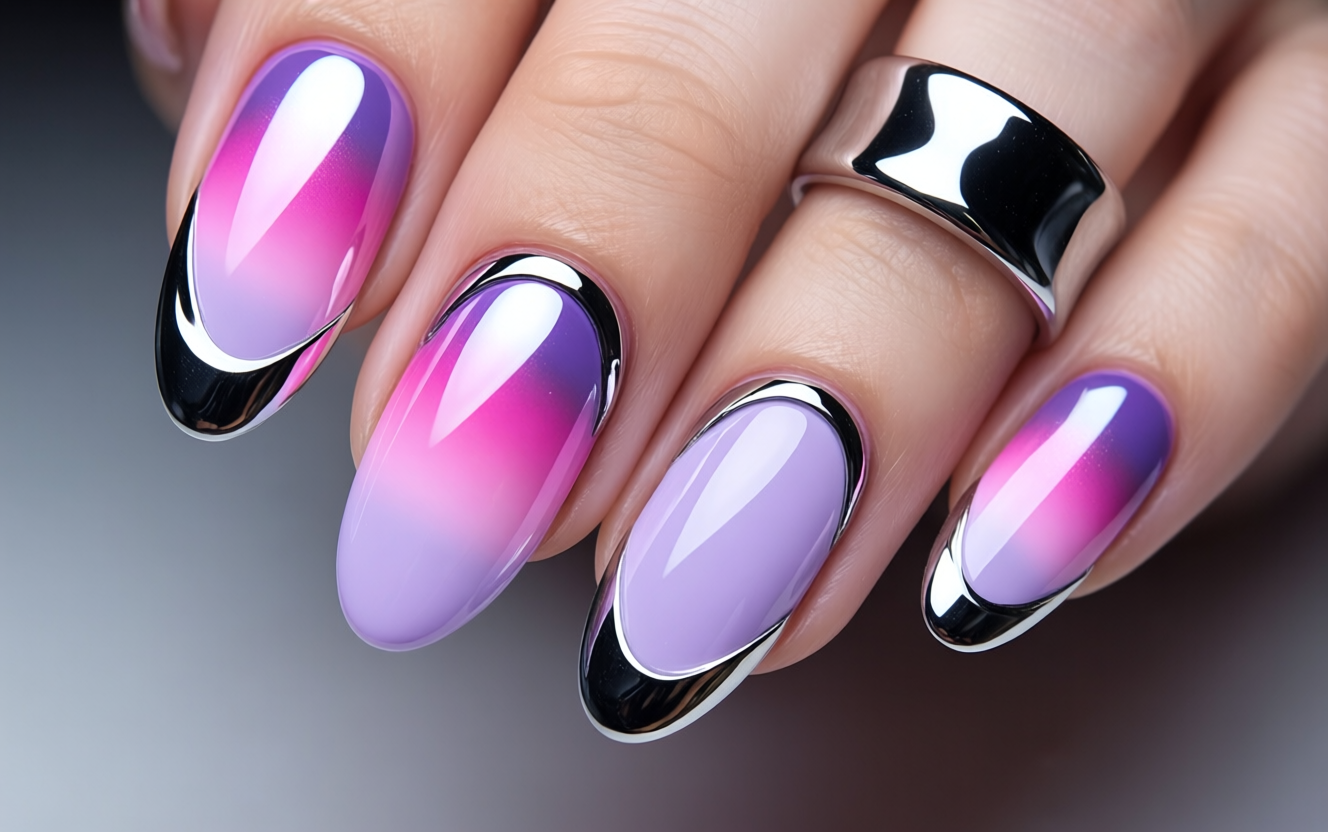 Aura nails combined with chrome accents in pink to lilac gradient with mirror chrome on ring fingers