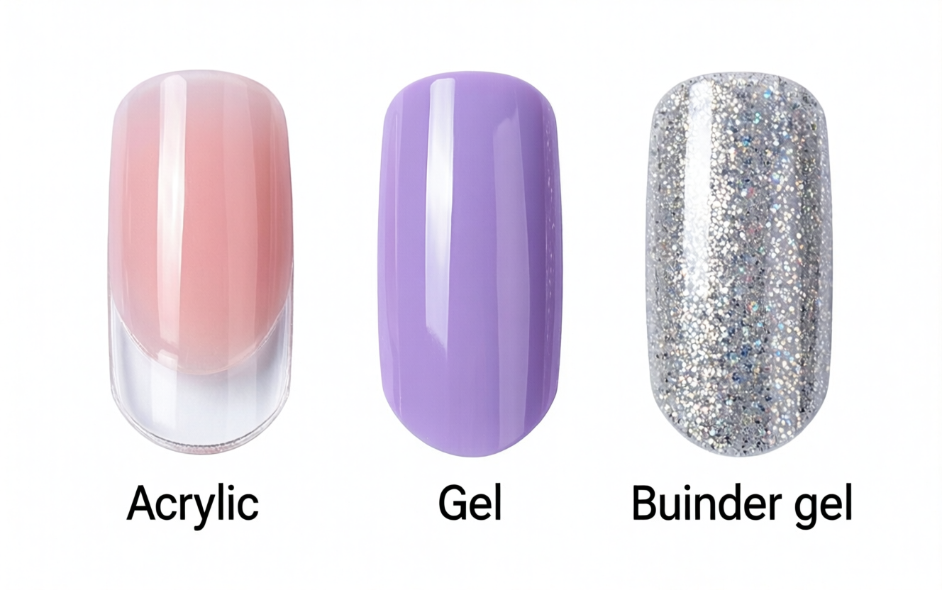 Educational comparison of acrylic vs gel vs builder gel showing thickness and finish differences
