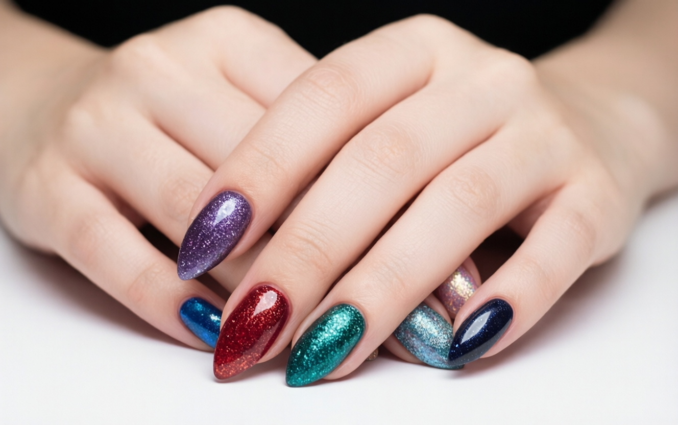 Completed cat eye nail art manicure in sapphire blue with silver magnetic streak on coffin nails