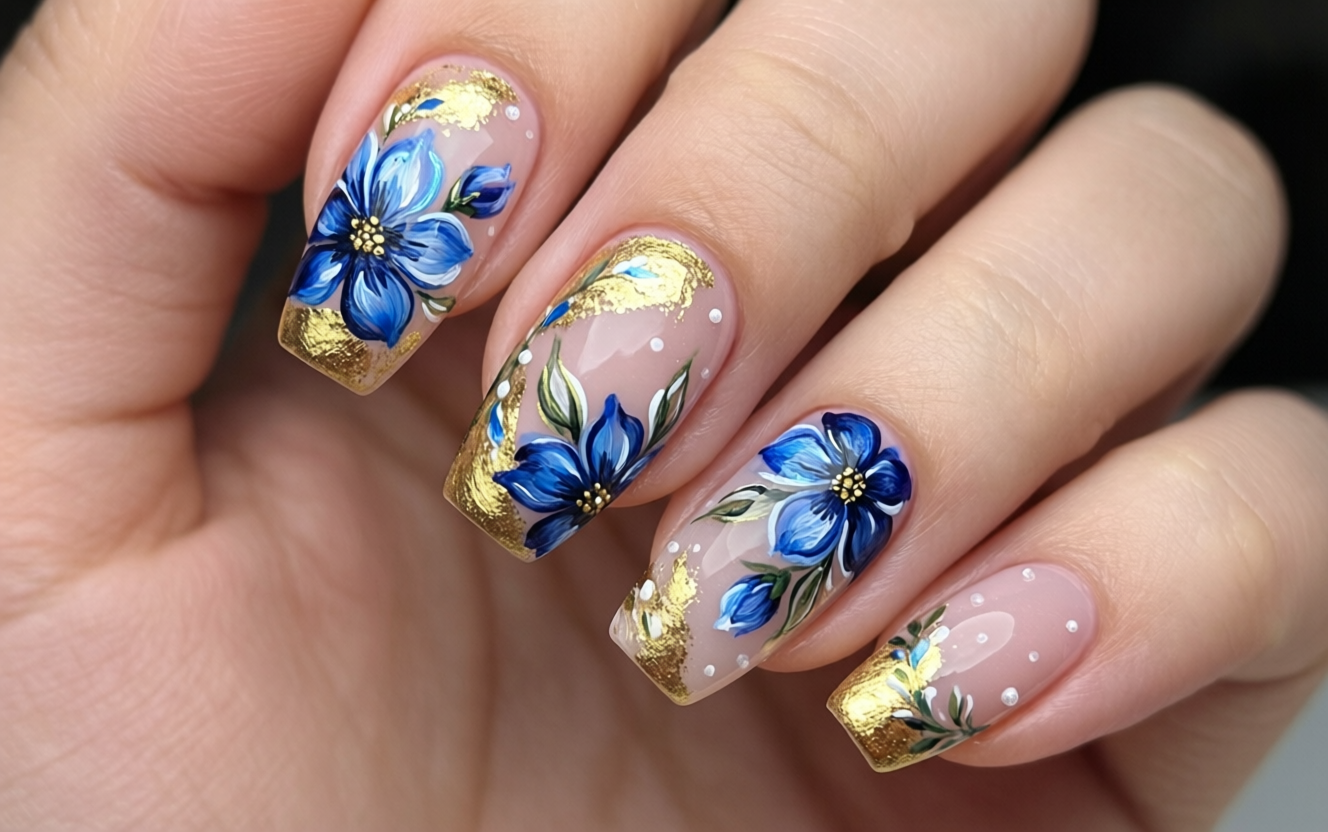 Elaborate designer press-on nails with hand-painted floral art and gold accents on stiletto shape