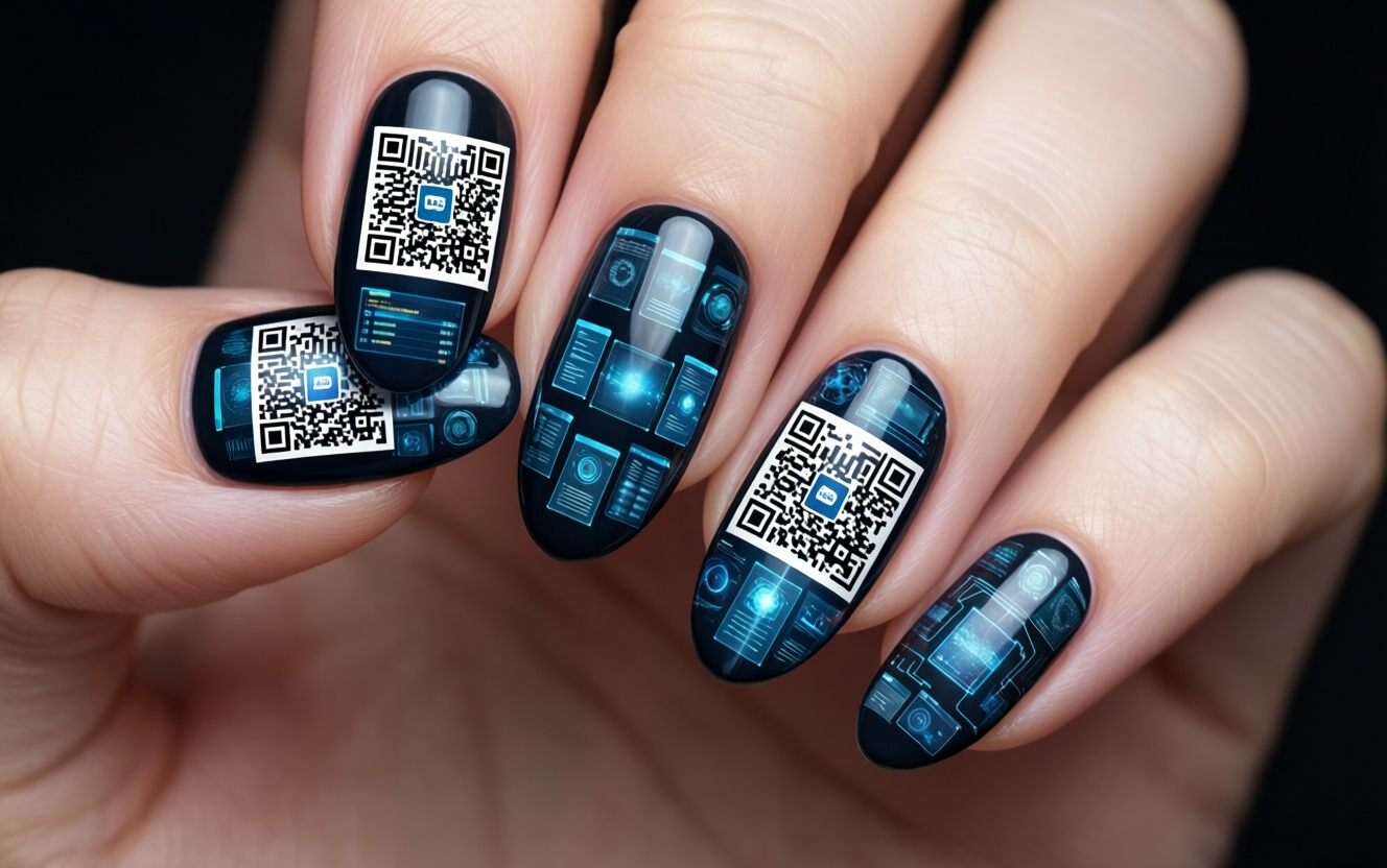 Hand with nails featuring QR code nail art and tiny digital screen patterns