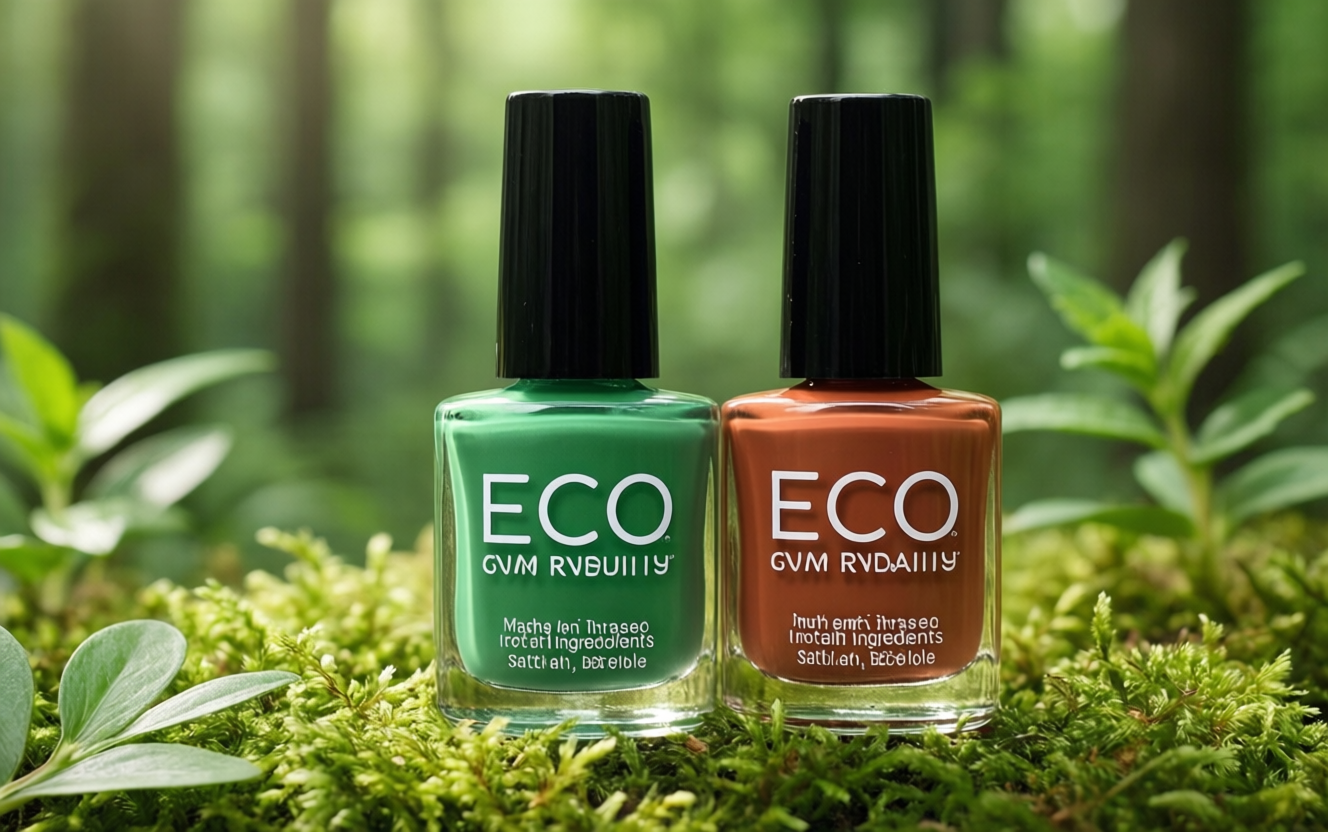 Eco-friendly biodegradable nail polish bottles with plant-based ingredients in earthy tones