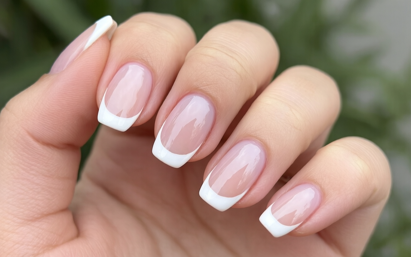 Elegant negative space French manicure with thin white tips and clear natural nail showing