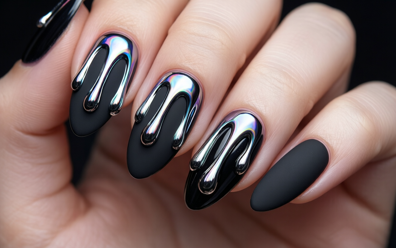 Futuristic nail art featuring metallic chrome liquid metal drips over matte black