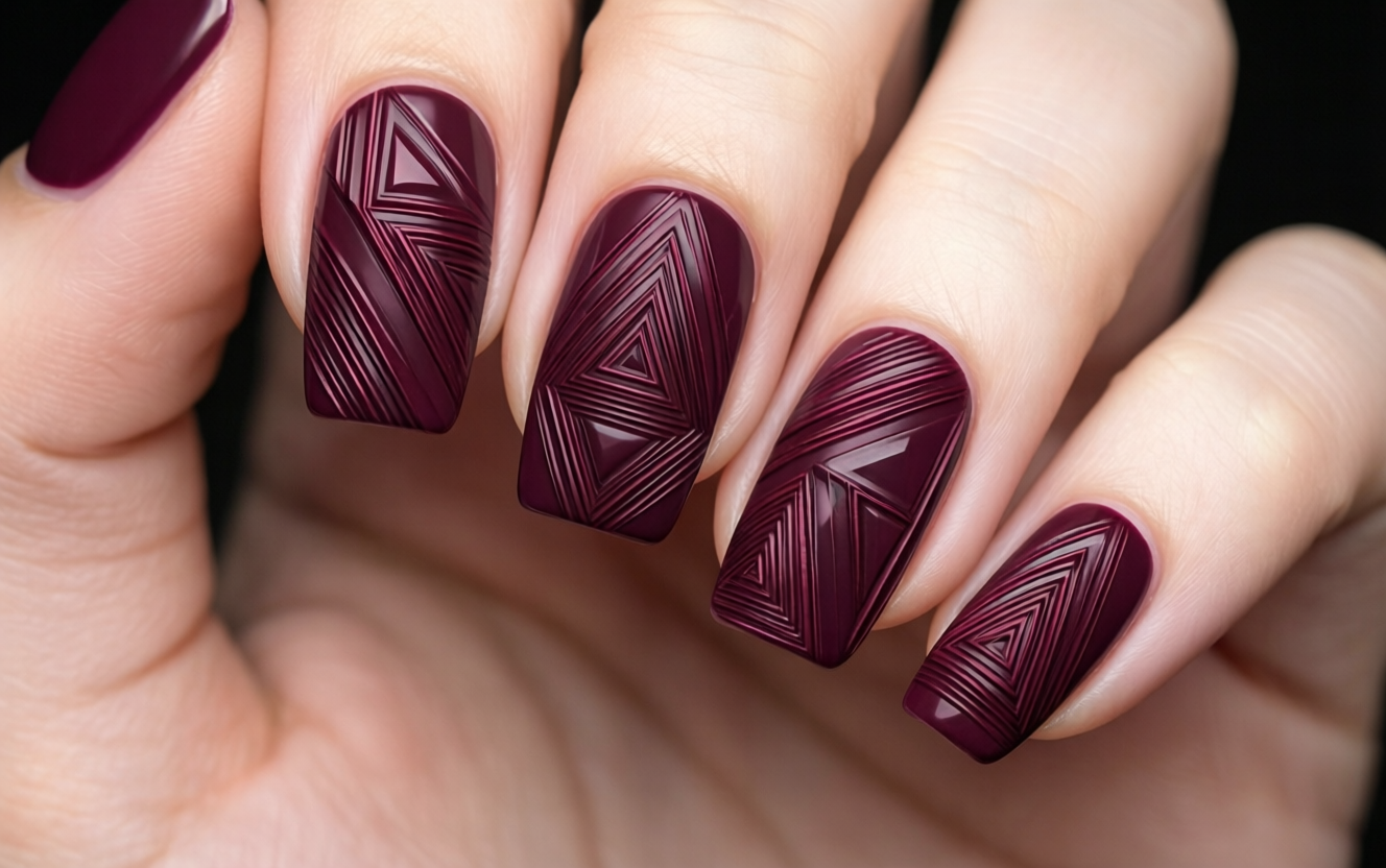 Negative space nails with bold geometric triangular patterns in deep burgundy on coffin nails