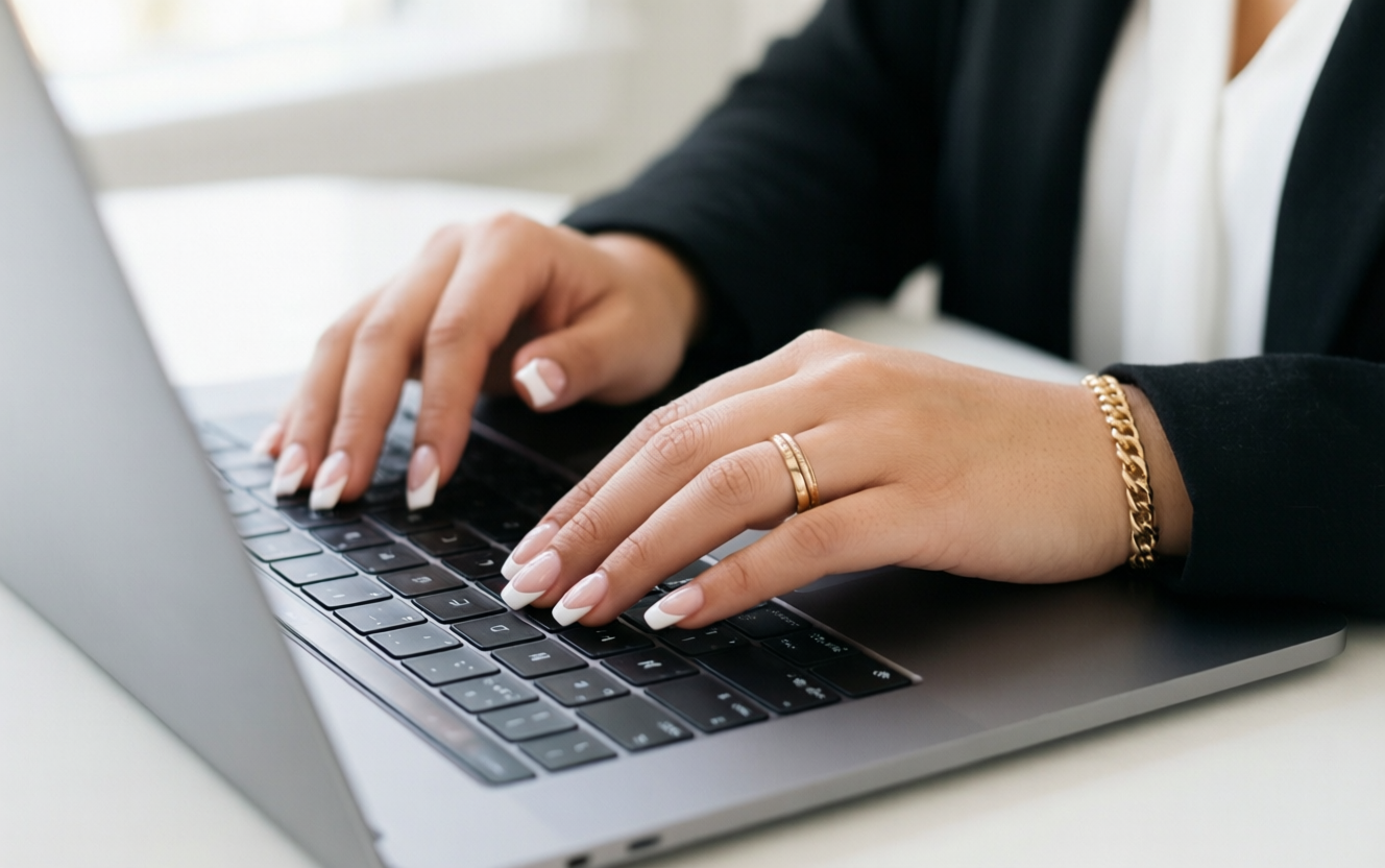 Woman with micro-french nails typing on laptop in professional modern setting