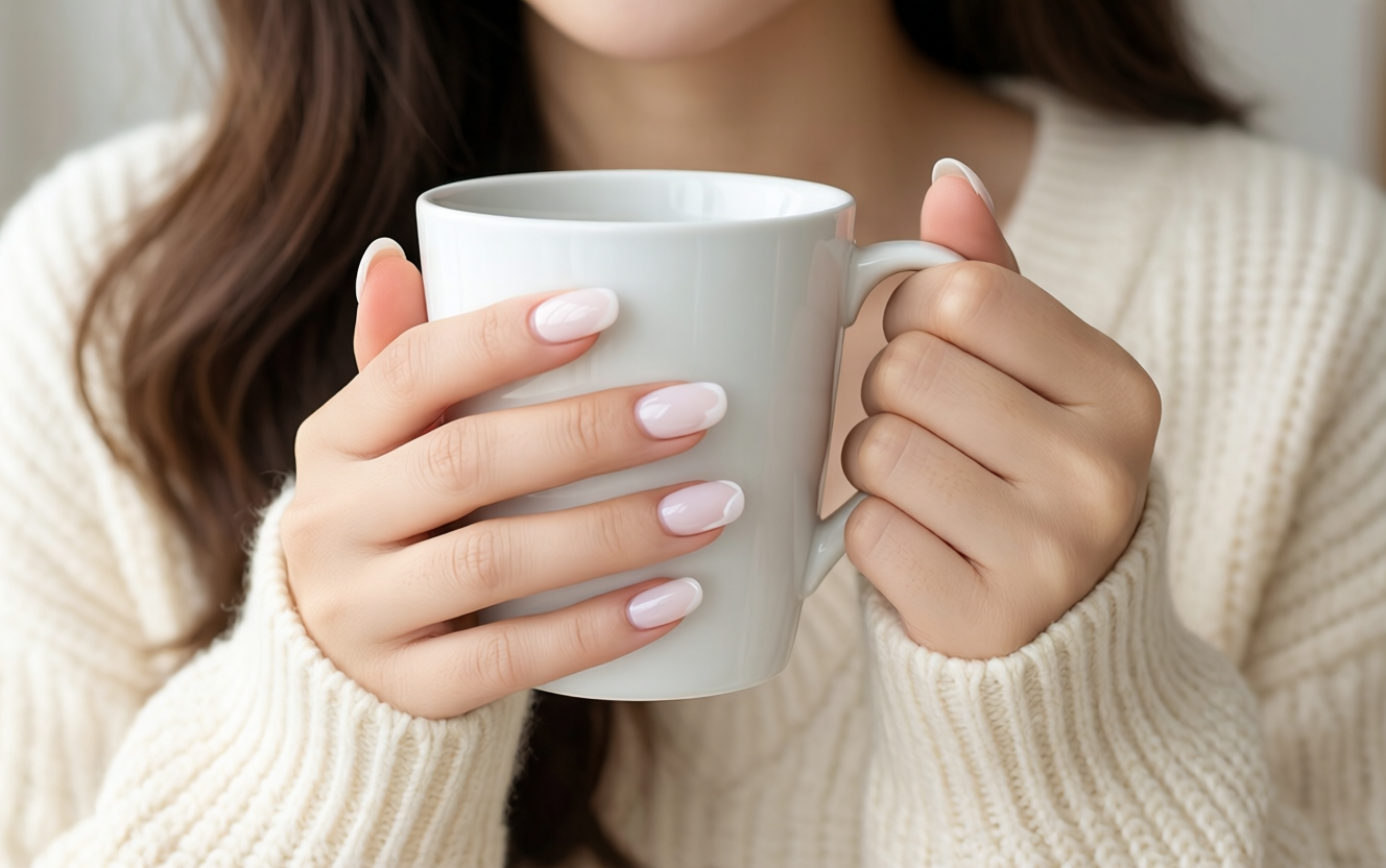Woman with clean minimal soap nails holding white ceramic coffee mug in cozy cream sweater