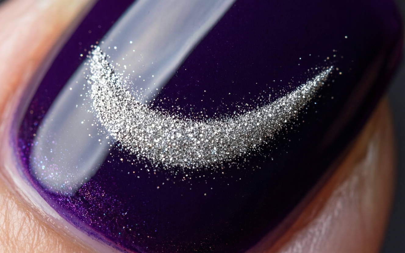 Applying magnetic nail polish with magnet wand to create cat eye effect on nails