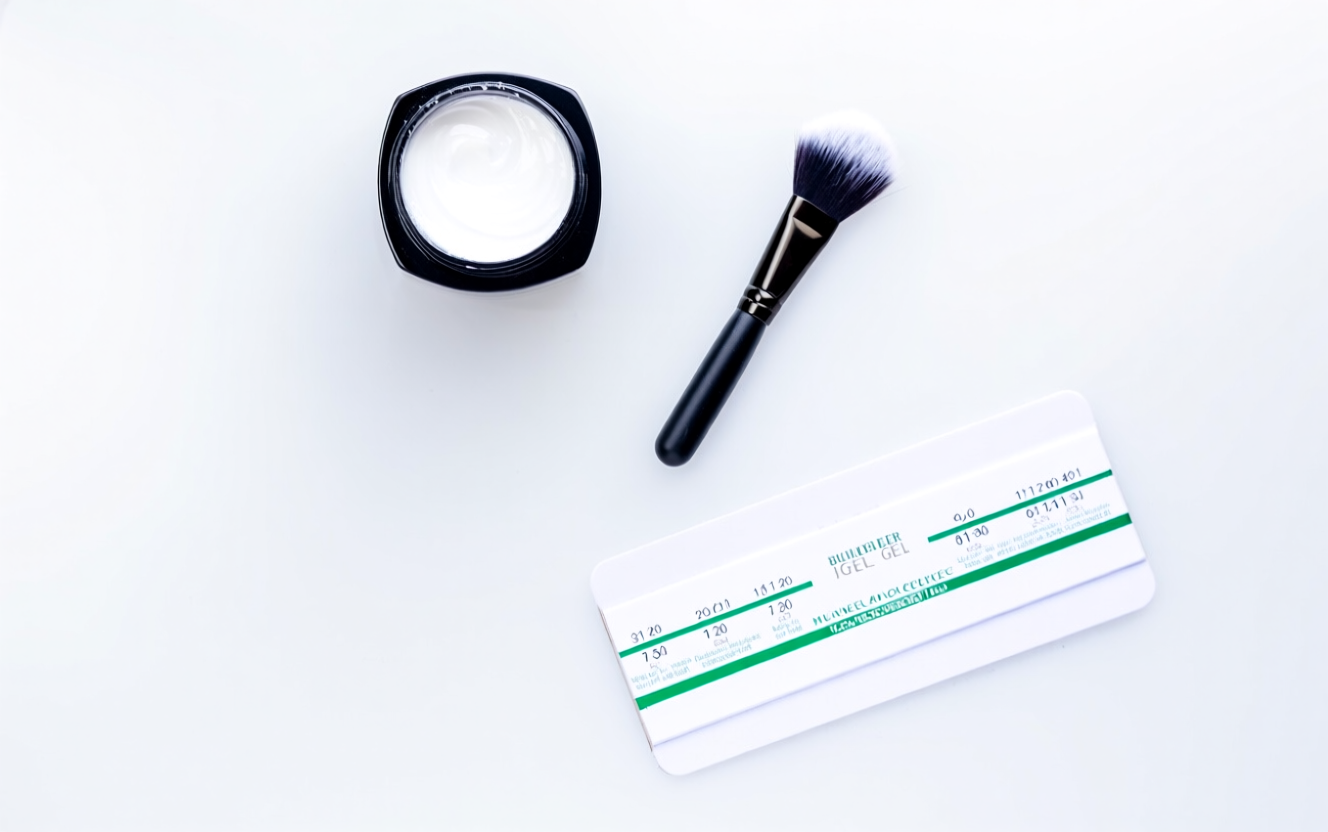 Builder gel products flat lay with gel pot brush LED lamp nail file and cuticle pusher