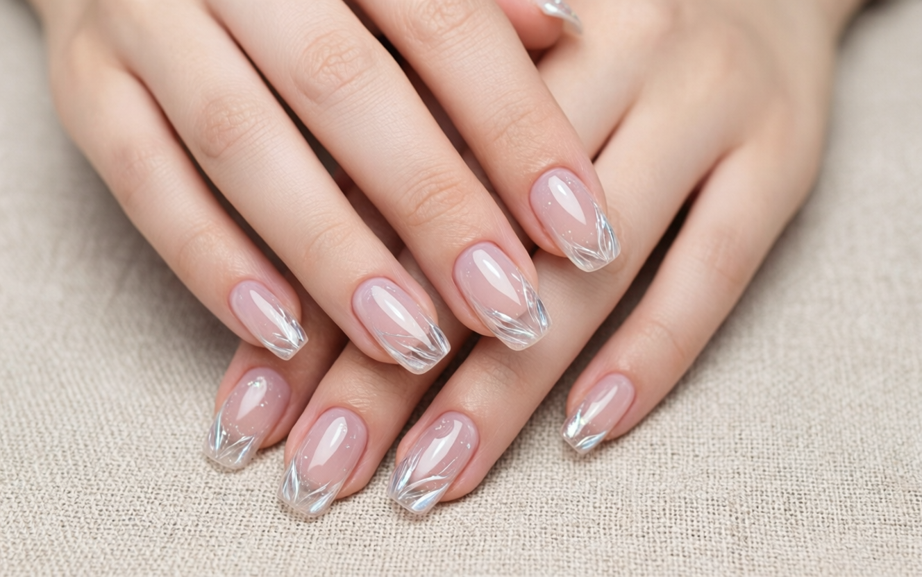 Healthy natural nails with clear builder gel overlay showing natural nail through transparent gel