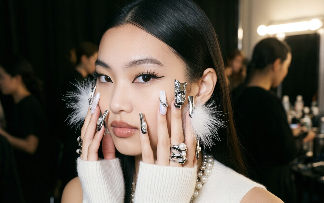 Fashion show backstage photograph of model hands with experimental 2025 nail art